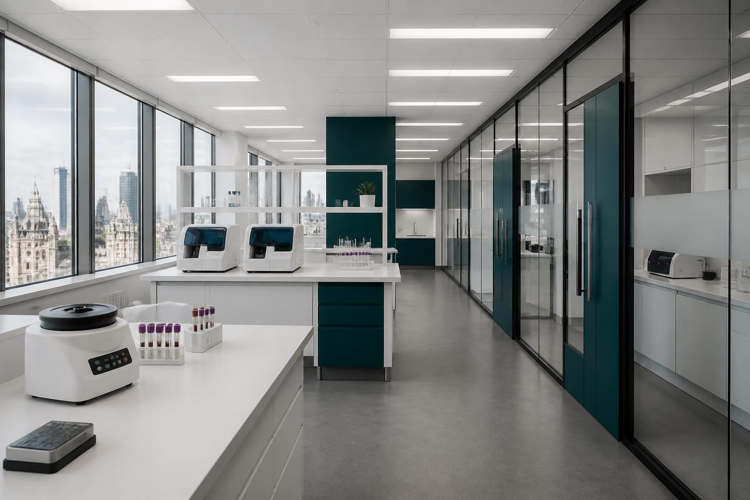 Artist’s impression of the Cranwood laboratory with glass partitions and analysers